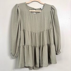 AE Babydoll Tunic Top Sage Green 3/4 Sleeves Boho Tiered Keyhole Back
